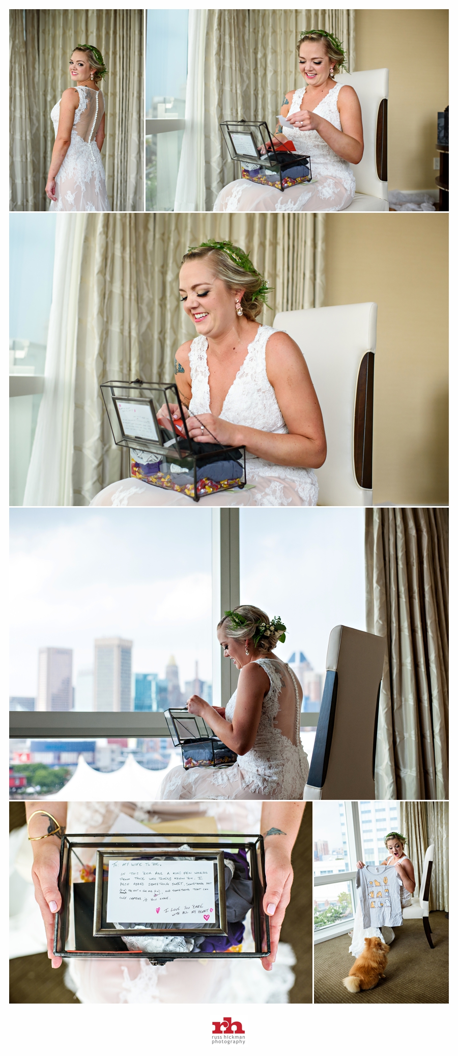 A bride opens a present from her groom on her wedding day at the four seasons hotel in Baltimore, MD.
